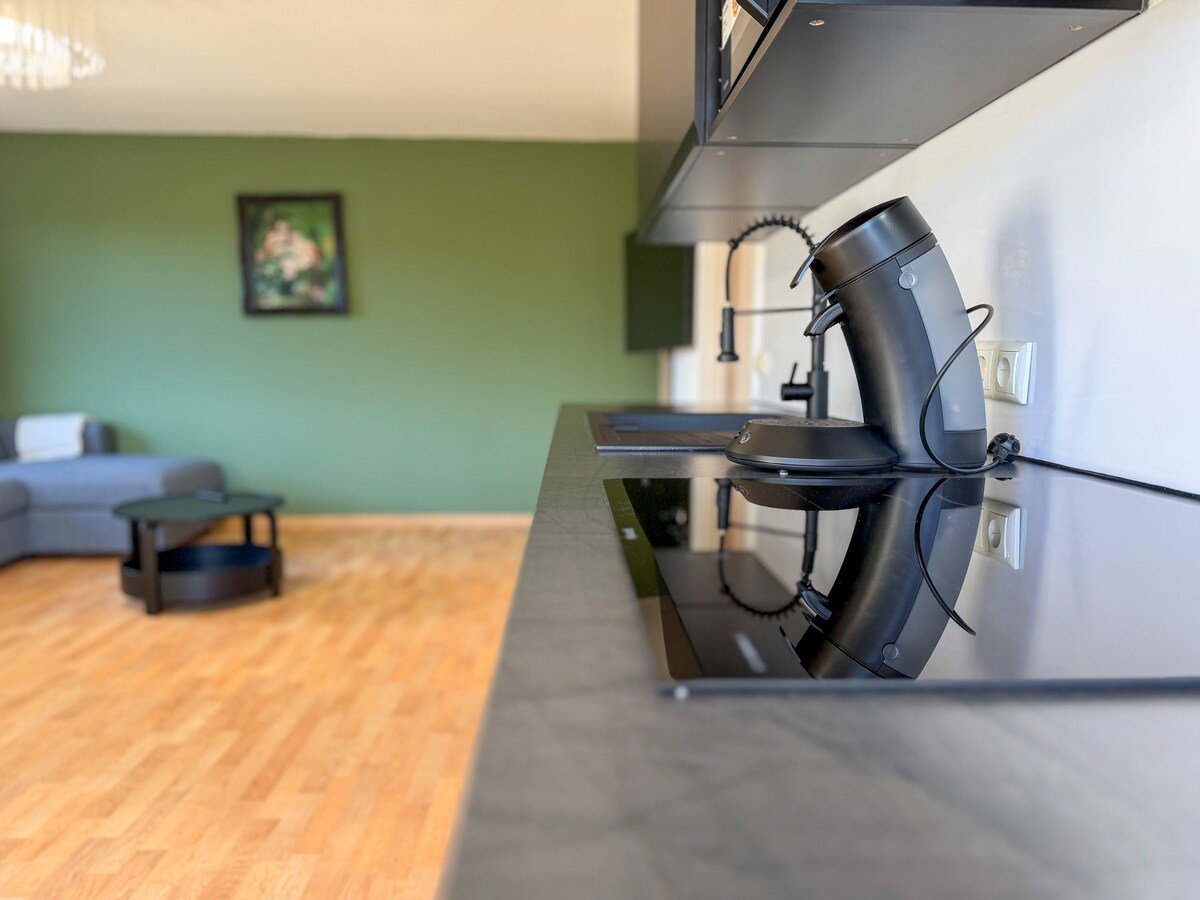 Küchentheke mit Blick ins Wohnzimmer im Apartment Alvi Waldzauber in Essen